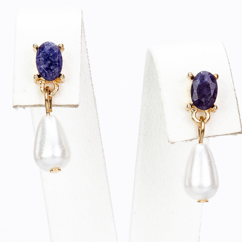 Pozlacená Slitinová Sada se Safírem a se Skleněná Perla ( Náhrdelník+Náušnice+Přívěsek )