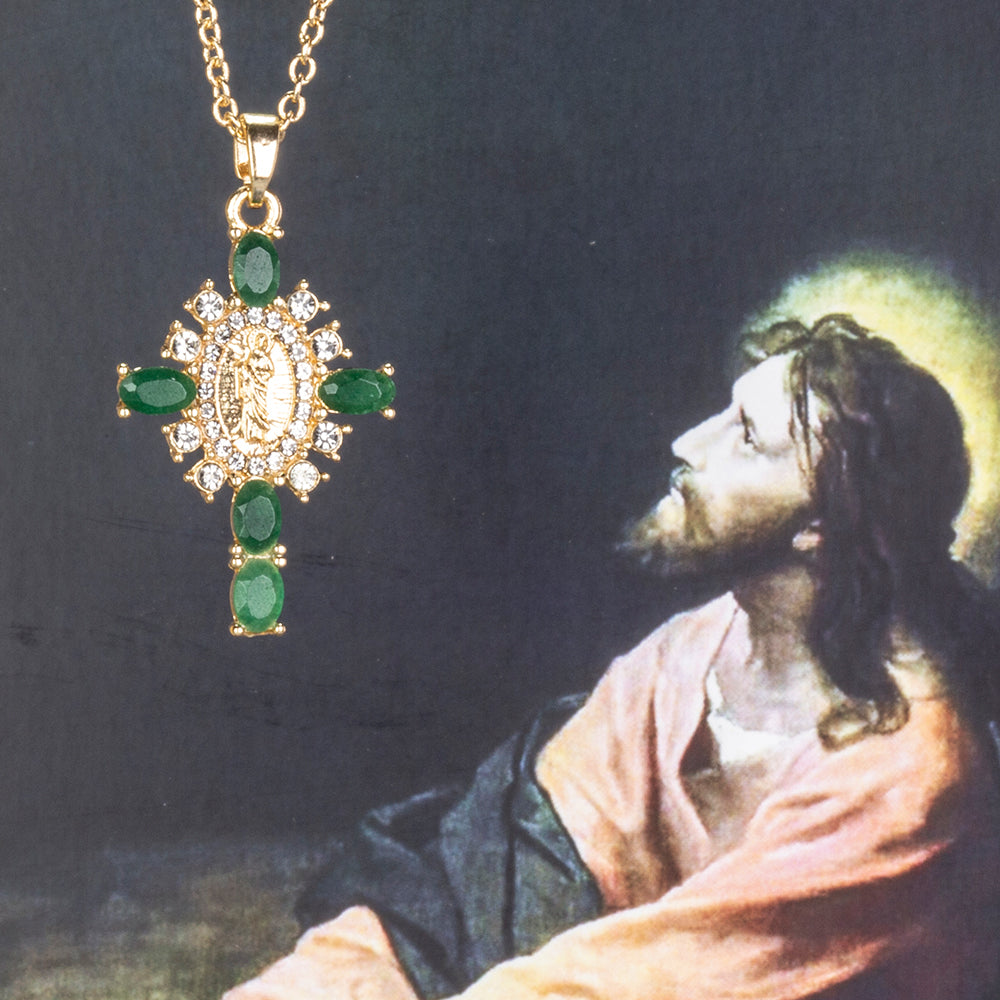 Kříž Pozlacený Slitinový Náhrdelník se Smaragdem a Bílým Emporia® Křišťálem ( Náhrdelník+Přívěsek )