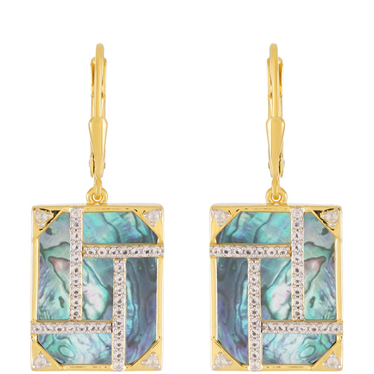 Pozlacené Stříbro 925/1000 - Náušnice s Mušlí Paua a Bílým Topazem - Karátové číslo: 12.4. přibližná hmotnost: 9.56 gramů