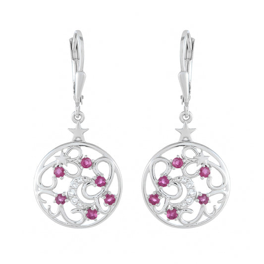 Stříbro 925/1000 - Náušnice s Thajským Rubínem a Bílým Topazem - Karátové číslo: 0.77. přibližná hmotnost: 3.91 gramů