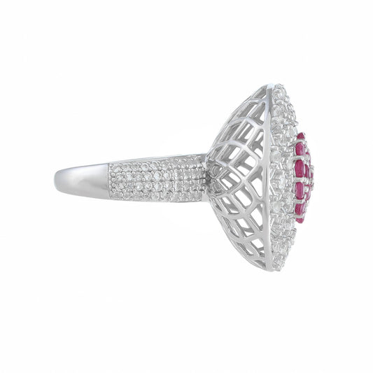 Stříbro 925/1000 - Prsten s Thajským Rubínem a Bílým Topazem - Karátové číslo: 3.16. přibližná hmotnost: 9.87 gramů