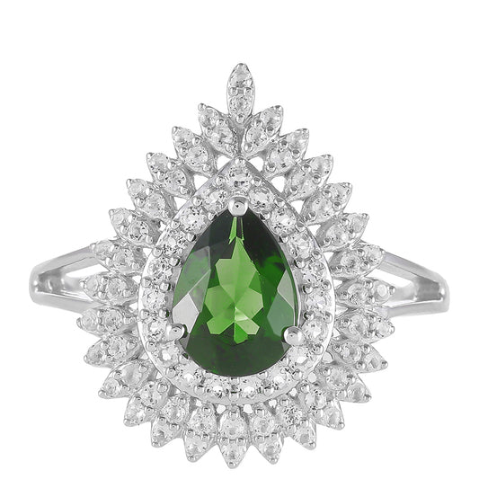 Stříbro 925/1000 - Prsten s Chromovým Diopsidem a Bílým Topazem - Karátové číslo: 1.74. přibližná hmotnost: 3.62 gramů