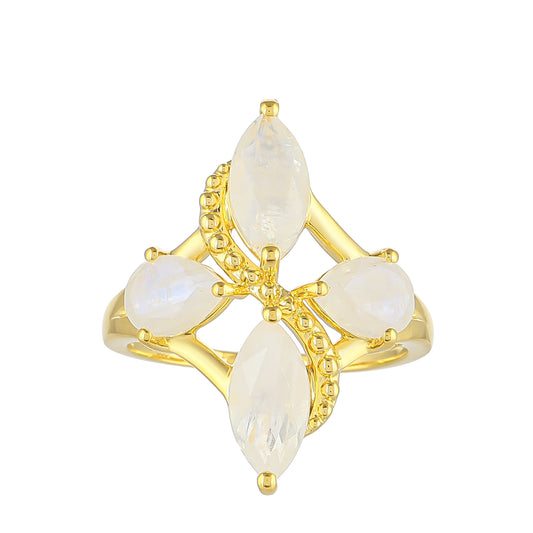 Pozlacené Stříbro 925/1000 - Prsten s Duhovým Měsíčním Kamenem - Karátové číslo: 2.98. přibližná hmotnost: 3.79 gramů