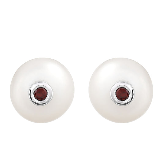 Stříbro 925/1000 - Náušnice s Granátem a Bílou Sladkovodní Perlou - Karátové číslo: 3.45. přibližná hmotnost: 1.5 gramů
