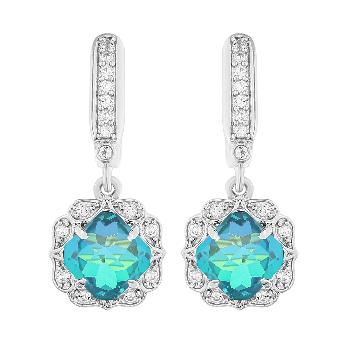 Stříbro 925/1000 - Náušnice s Pavím Křemenem a Bílým Topazem - Karátové číslo: 5.66. přibližná hmotnost: 5.9 gramů