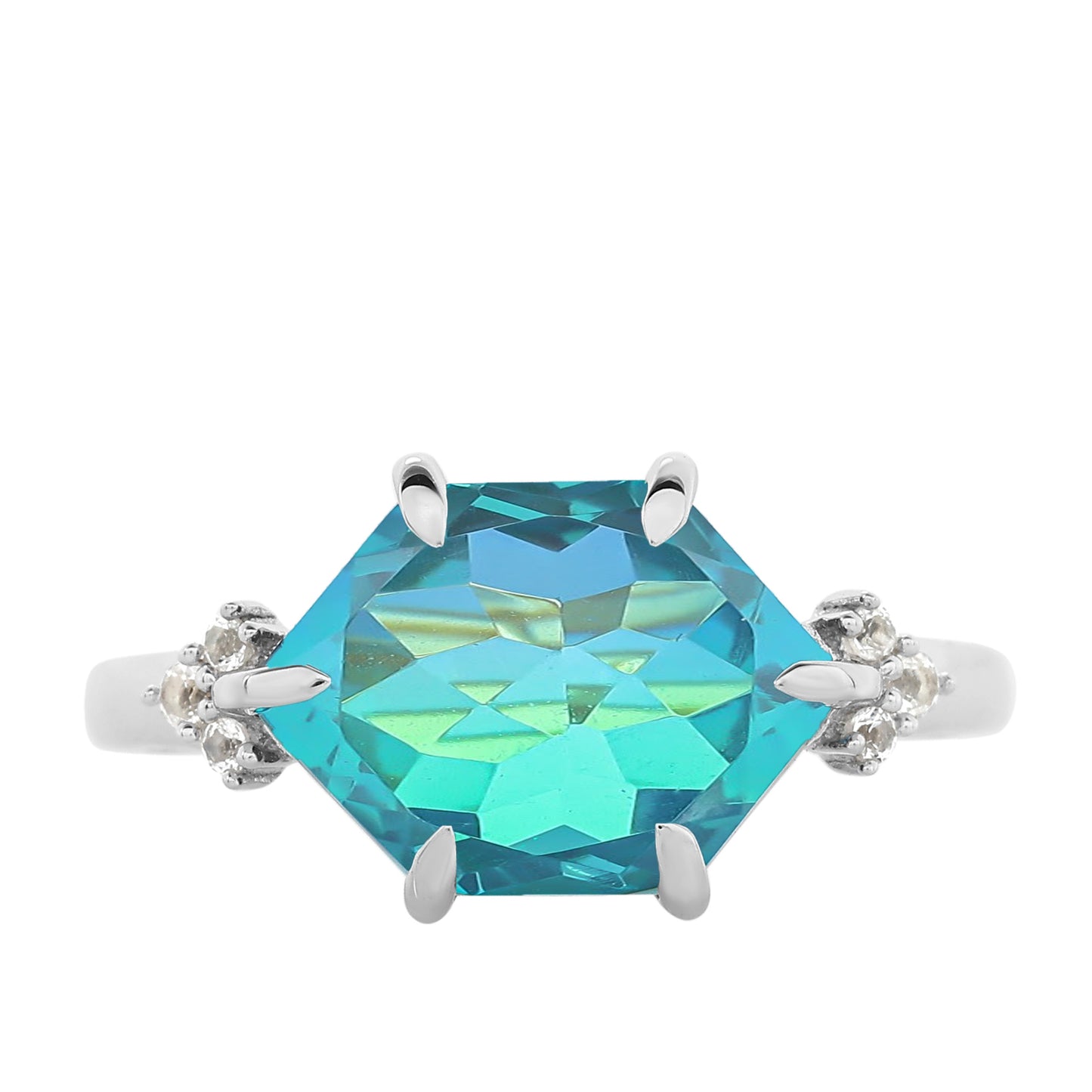 Stříbro 925/1000 - Prsten s Pavím Křemenem a Bílým Topazem - Karátové číslo: 4.02. přibližná hmotnost: 3.11 gramů