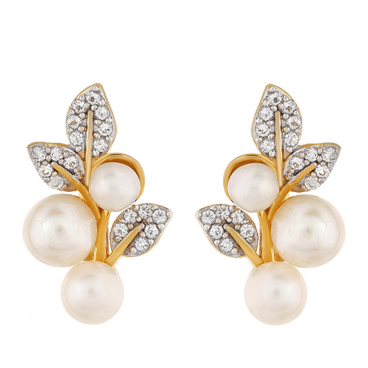 Pozlacené Stříbro 925/1000 - Náušnice s Barokní Sladkovodní Kultivovanou Perlou a Bílým Topazem - Karátové číslo: 3.82. přibližná hmotnost: 2.79 gramů