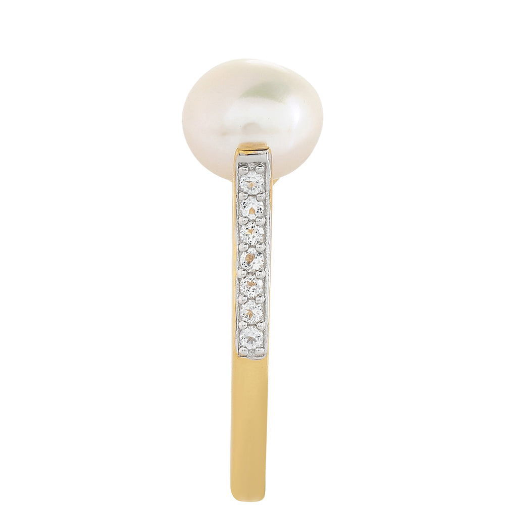 Pozlacené Stříbro 925/1000 - Prsten s Barokní Sladkovodní Kultivovanou Perlou a Bílým Topazem - Karátové číslo: 2.49. přibližná hmotnost: 2.4 gramů