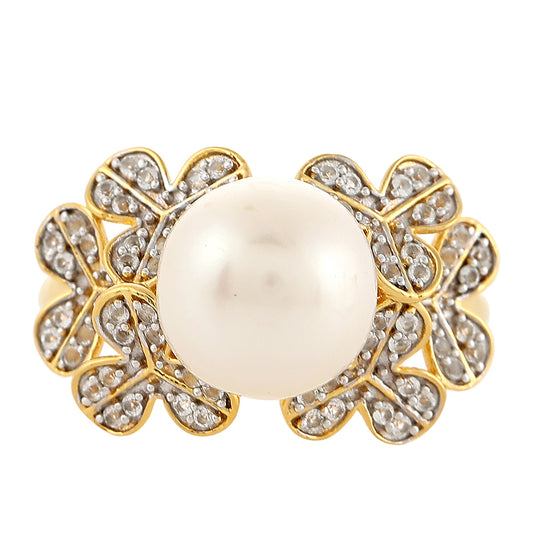 Pozlacené Stříbro 925/1000 - Prsten s Barokní Sladkovodní Kultivovanou Perlou a Bílým Topazem - Karátové číslo: 6.87. přibližná hmotnost: 5.44 gramů