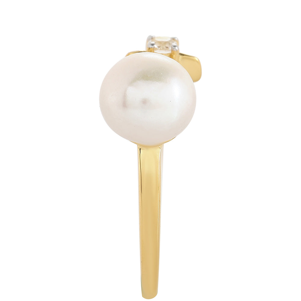 Pozlacené Stříbro 925/1000 - Prsten s Barokní Sladkovodní Kultivovanou Perlou a Bílým Topazem - Karátové číslo: 2.94. přibližná hmotnost: 2.37 gramů