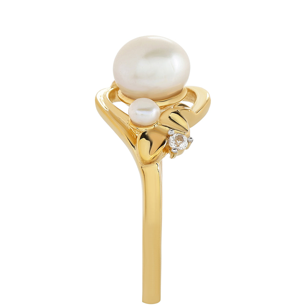 Pozlacené Stříbro 925/1000 - Prsten s Barokní Sladkovodní Kultivovanou Perlou a Bílým Topazem - Karátové číslo: 2.3. přibližná hmotnost: 3.17 gramů