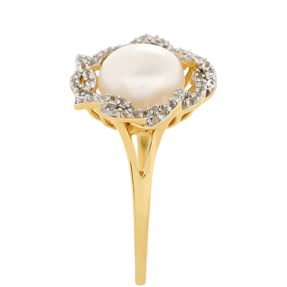 Pozlacené Stříbro 925/1000 - Prsten s Barokní Sladkovodní Kultivovanou Perlou a Bílým Topazem - Karátové číslo: 4.47. přibližná hmotnost: 4.93 gramů