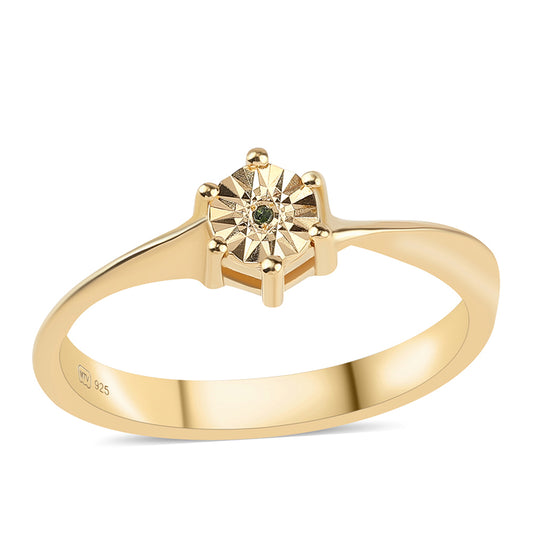 Pozlacené Stříbro 925/1000 - Prsten se Zeleným Diamantem - Karátové číslo: 0.01. přibližná hmotnost: 2.32 gramů