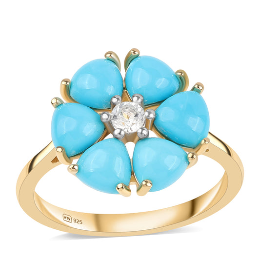 Pozlacené Stříbro 925/1000 - Prsten s Tyrkysem Sleeping Beauty a Bílým Topazem - Karátové číslo: 2.22. přibližná hmotnost: 2.69 gramů