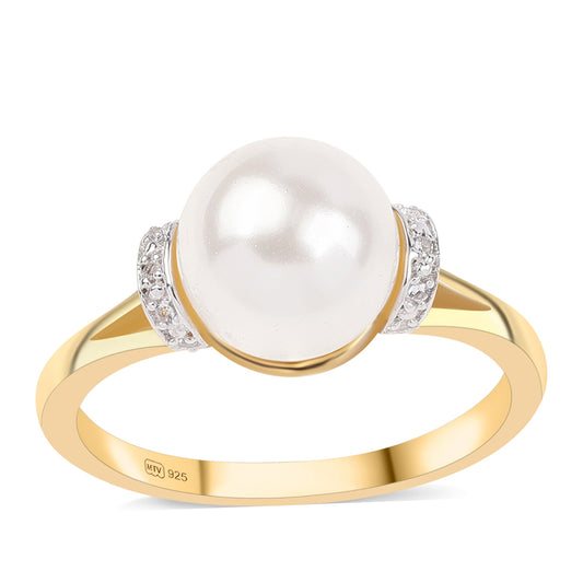 Pozlacené Stříbro 925/1000 - Prsten s Bílou Sladkovodní Perlou a Bílým Topazem - Karátové číslo: 7.24. přibližná hmotnost: 4.06 gramů