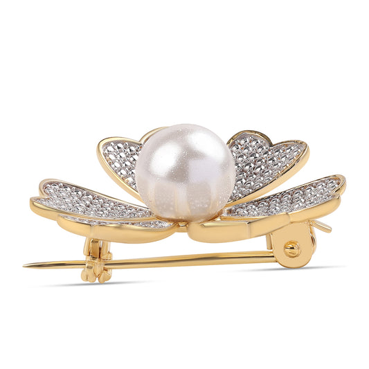 Pozlacený 925 / 1000 Sterlingové Stříbro Brož s Bílou Sladkovodní Perlou