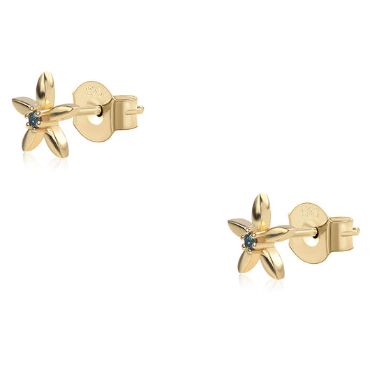 Pozlacené Stříbro 925/1000 - Náušnice s Modrým Diamantem - Karátové číslo: 0.03. přibližná hmotnost: 0.86 gramů