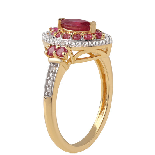 Pozlacené Stříbro 925/1000 - Prsten s Mozambickým Rubínem a Bílým Topazem - Karátové číslo: 0.86. přibližná hmotnost: 3.35 gramů