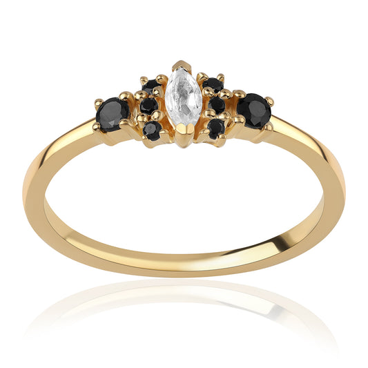 Pozlacené Stříbro 925/1000 - Prsten s Černým spinelem a Bílým Topazem - Karátové číslo: 0.42. přibližná hmotnost: 1.9 gramů