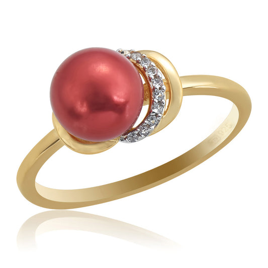 Pozlacené Stříbro 925/1000 - Prsten s Červená sladkovodní Perlou a Bílým Topazem - Karátové číslo: 3.91. přibližná hmotnost: 2.68 gramů
