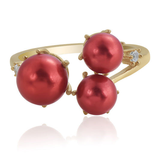 Pozlacené Stříbro 925/1000 - Prsten s Červená sladkovodní Perlou a Bílým Topazem - Karátové číslo: 8.03. přibližná hmotnost: 3.81 gramů