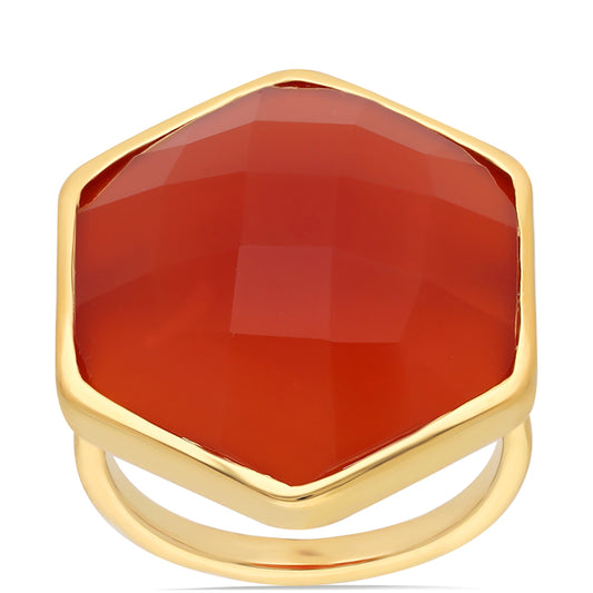 Pozlacené Stříbro 925/1000 - Prsten s Červeným Onyxem - Karátové číslo: 21.72. přibližná hmotnost: 8.99 gramů