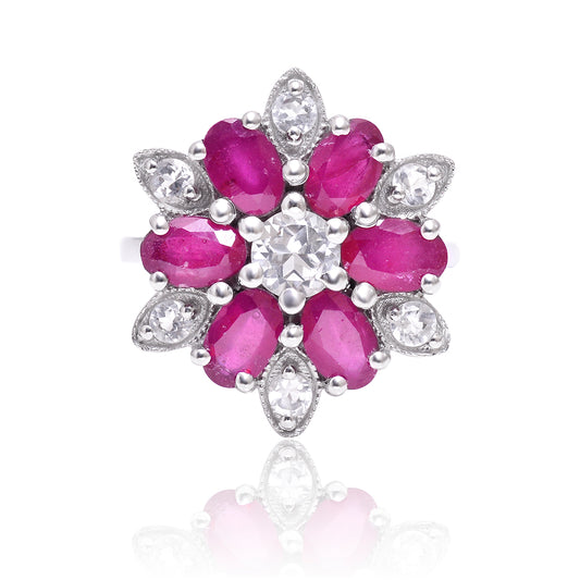 Stříbro 925/1000 - Prsten s Madagaskarským Rubínem a Bílým Topazem - Karátové číslo: 4.19. přibližná hmotnost: 4.57 gramů