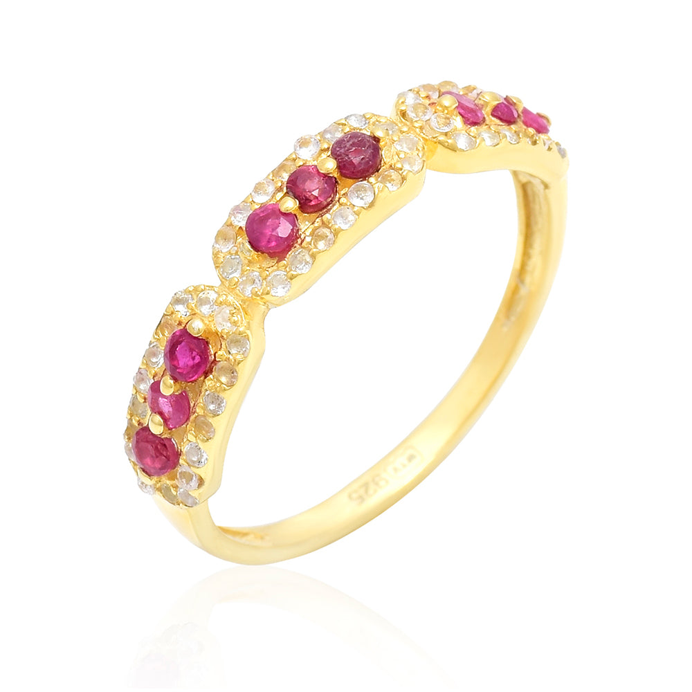 Pozlacené Stříbro 925/1000 - Prsten s Madagaskarským Rubínem a Bílým Topazem - Karátové číslo: 0.73. přibližná hmotnost: 2.3 gramů