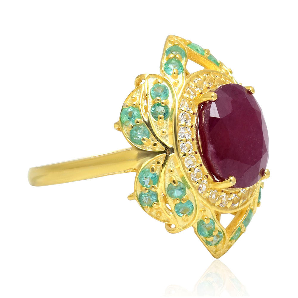 Pozlacené Stříbro 925/1000 - Prsten s Madagaskarským Rubínem a Brazilským Smaragdem - Karátové číslo: 4.44. přibližná hmotnost: 6.5 gramů