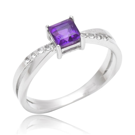 Stříbro 925/1000 - Prsten s Marockým Ametystem a Bílým Topazem - Karátové číslo: 0.88. přibližná hmotnost: 2.69 gramů