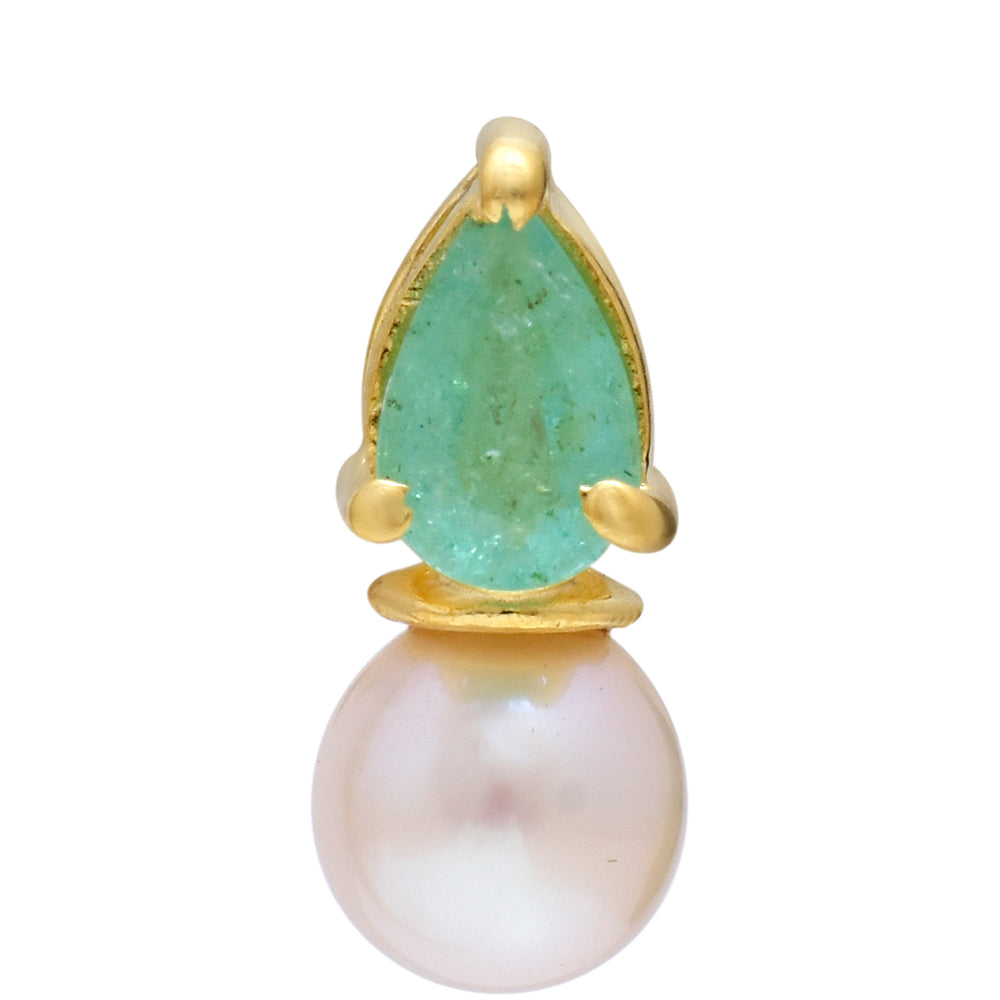 Pozlacené Stříbro 925/1000 - Přívěsek s Brazilským Smaragdem a Bílou Sladkovodní Perlou - Karátové číslo: 5.07. přibližná hmotnost: 0.69 gramů