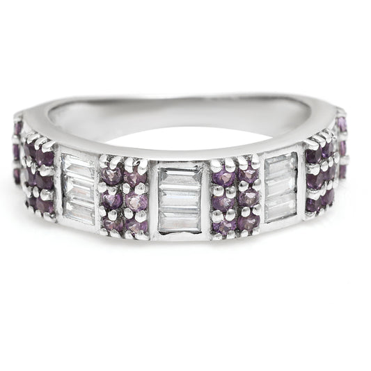 Stříbro 925/1000 - Prsten s Brazilským Ametystem a Bílým Topazem - Karátové číslo: 1.38. přibližná hmotnost: 3.81 gramů