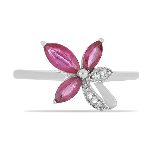 Stříbro 925/1000 - Prsten s Madagaskarským Rubínem a Bílým Topazem - Karátové číslo: 1.78. přibližná hmotnost: 1.96 gramů