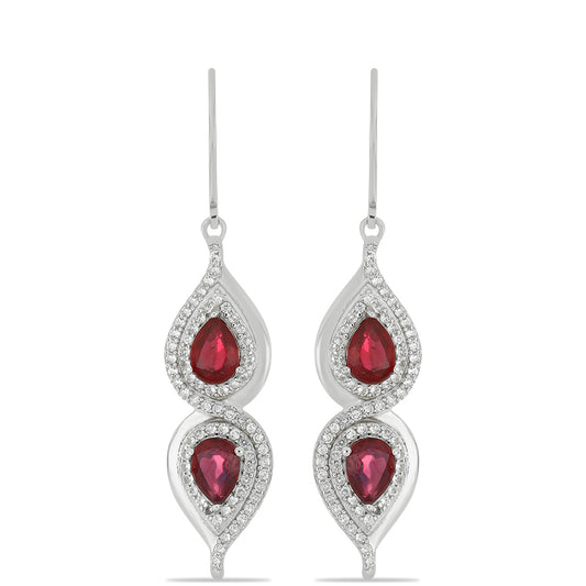 Stříbro 925/1000 - Náušnice s Madagaskarským Rubínem a Bílým Topazem - Karátové číslo: 4.79. přibližná hmotnost: 5.74 gramů