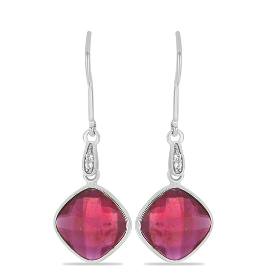 Stříbro 925/1000 - Náušnice s Madagaskarským Rubínem a Bílým Topazem - Karátové číslo: 9.87. přibližná hmotnost: 3.48 gramů