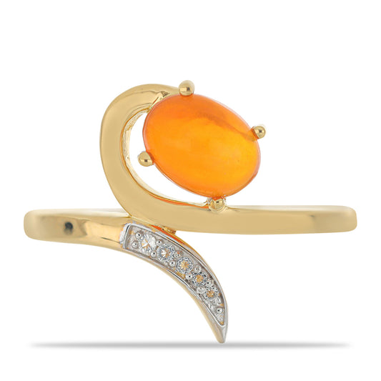 Pozlacené Stříbro 925/1000 - Prsten s Ohnivě Červeným Opálem z Lega Dembi a Bílým Topazem - Karátové číslo: 0.81. přibližná hmotnost: 2.92 gramů