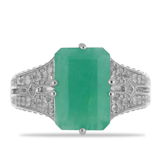 Stříbro 925/1000 - Prsten s Brazilským Smaragdem a Bílým Topazem - Karátové číslo: 4.01. přibližná hmotnost: 4.39 gramů