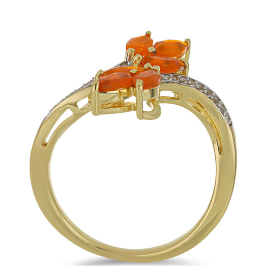 Pozlacené stříbro 925/1000 Prsten s Ohnivě Červeným Opálem z Lega Dembi a Bílým Topazem - Karátové číslo: 1. přibližná hmotnost: 3.74 gramů