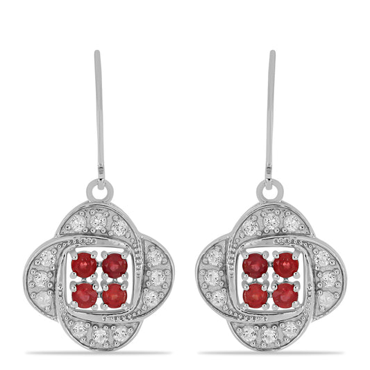 Stříbro 925/1000 - Náušnice s Madagaskarským Rubínem a Bílým Topazem - Karátové číslo: 2.3. přibližná hmotnost: 6.71 gramů