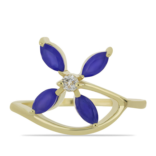 Pozlacené Stříbro 925/1000 - Prsten s Modrým Achátem a Bílým Topazem - Karátové číslo: 1.26. přibližná hmotnost: 3.3 gramů