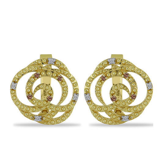 Pozlacené stříbro 925/1000 Náušnice s Champagne Diamantem a Bílým Diamantem - Karátové číslo: 0.11. přibližná hmotnost: 3.23 gramů