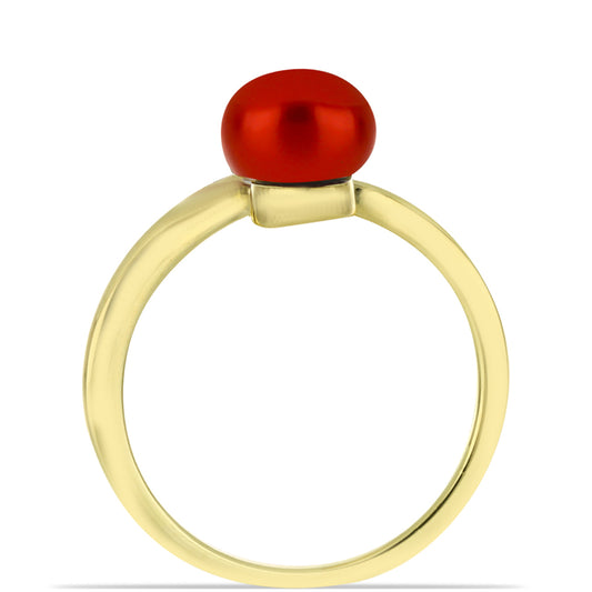 Pozlacené Stříbro 925/1000 - Prsten s Červená sladkovodní Perlou a Bílým Topazem - Karátové číslo: 2.61. přibližná hmotnost: 3.07 gramů