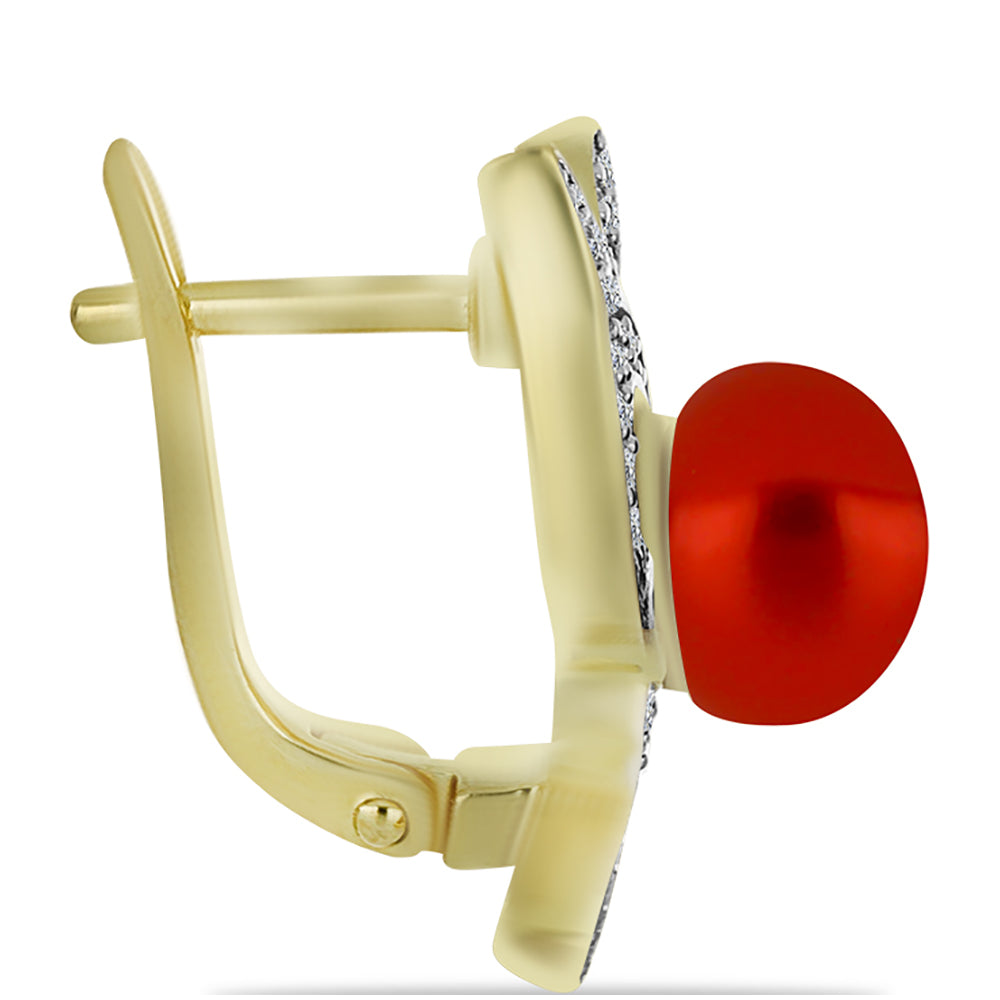 Pozlacené Stříbrné Náušnice s Červená sladkovodní Perlou a Bílým Topazem