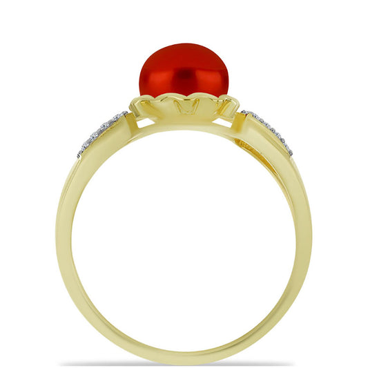 Pozlacené Stříbro 925/1000 - Prsten s Červená sladkovodní Perlou a Bílým Topazem - Karátové číslo: 2.68. přibližná hmotnost: 2.89 gramů
