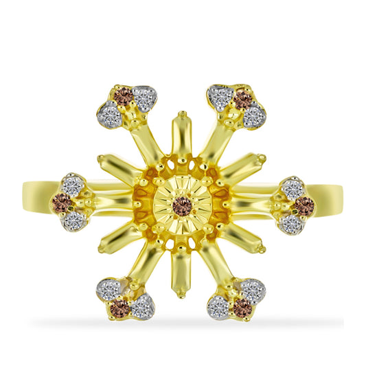 Pozlacené Stříbro 925/1000 - Prsten s Champagne Diamantem a Bílým Diamantem - Karátové číslo: 0.15. přibližná hmotnost: 3.73 gramů