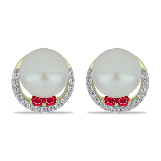 Pozlacené Stříbro 925/1000 - Náušnice s Bílou Sladkovodní Perlou a Madagaskarským Rubínem - Karátové číslo: 6.04. přibližná hmotnost: 3.13 gramů