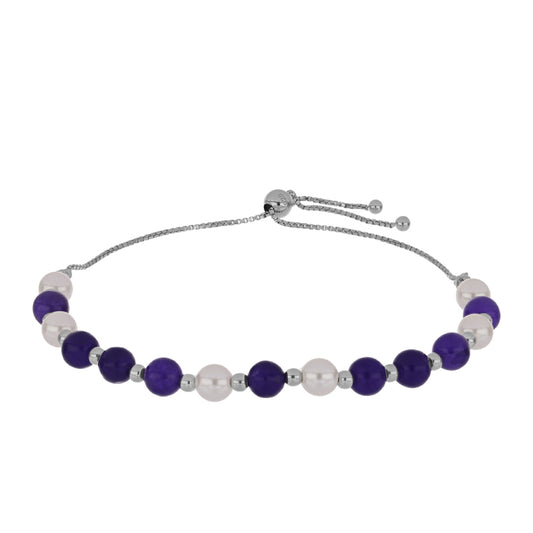 Stříbro 925/1000 - Náramek s Purpurovým Jadeitem a Bílou Sladkovodní Perlou - Karátové číslo: 23.14. přibližná hmotnost: 7.05 gramů
