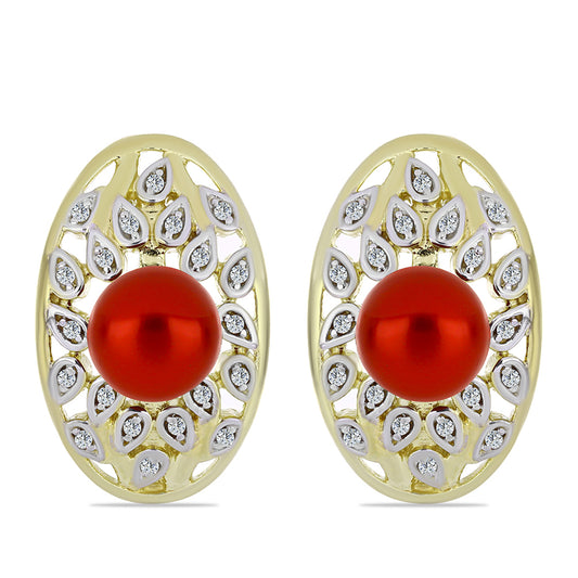 Pozlacené Stříbrné Náušnice s Červená sladkovodní Perlou a Bílým Topazem