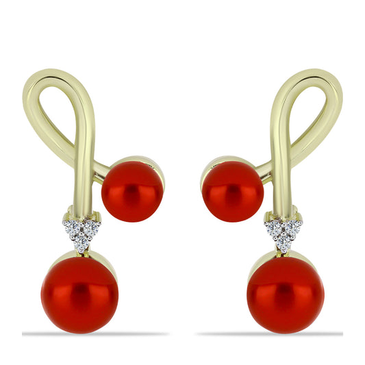 Pozlacené Stříbro 925/1000 - Náušnice s Červená sladkovodní Perlou a Bílým Topazem - Karátové číslo: 6.9. přibližná hmotnost: 6.72 gramů