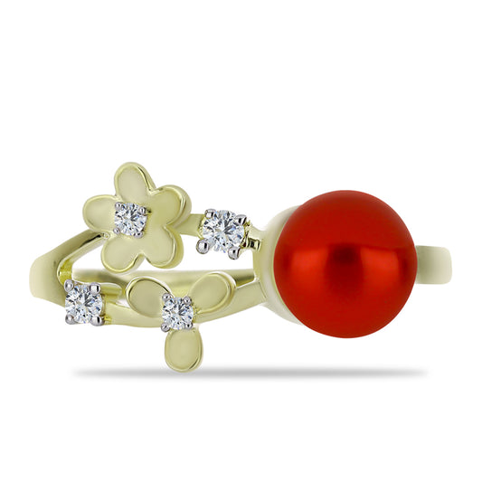 Pozlacený Stříbrný Prsten s Červená sladkovodní Perlou a Bílým Topazem